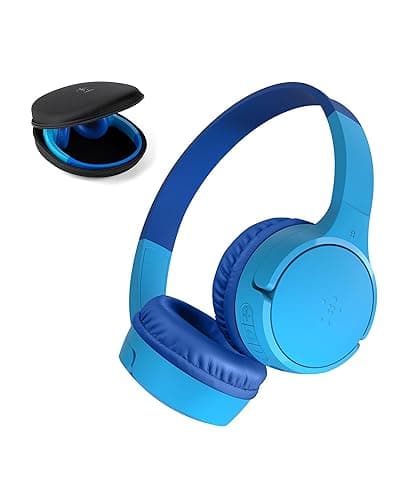 Belkin SoundForm Mini kabelloser Kinderkopfhörer mit integriertem Mikrofon und lustigen Aufklebern, 30 Std. Wiedergabe – Over-Ear-Kopfhörer für Unterricht, Ferien, iPhone, iPad, Galaxy – Blau