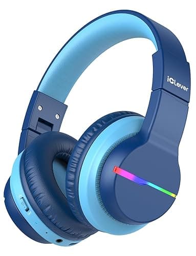 iClever Bluetooth Kinder Kopfhörer, Farbige LED-Leuchten, Kinderkopfhörer Over-Ear mit 74/85dBA Lautstärkebegrenzung, 85 Stunden Spielzeit, Bluetooth 5.2, Eingebautes Mikrofon Blau