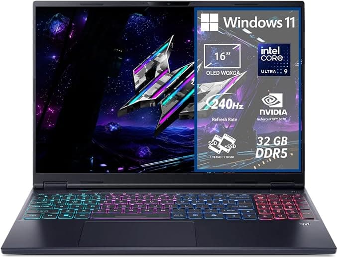 acer Predator Helios Neo 16S AI PHN16S-71-976U Notebook Gaming, NVIDIA GeForce RTX 5070 8 GB GDDR7, Intel Core Ultra 9 275HX, 32 GB DDR5 RAM, 2 TB SSD, 16" OLED Display 240 Hz DDS, Windows 11 Home