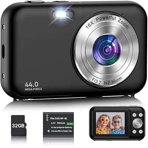 Digitalkamera, Kamera Fotokamera mit 32GB Karte, 44MP 1080P HD Kinderkamera mit 16X Digitalzoom Kompaktkamera, Wiederaufladbare Fotoapparat mit Akku, Kamera für Kinder, Teenager, Anfänger (Schwarz)