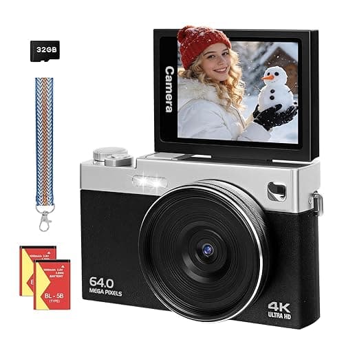 Digitalkamera 4K 64MP Kamera 3 Zoll Fotokamera 16X Autofokus Digitalzoom Tragbare Digital Camera für Vlog 180° Klappbarer LCD-Bildschirm Fotoapparat 2 Akkus 32GB Karte für Anfänger Kinder Jugendliche