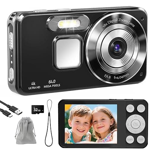 Digitalkamera 4K Fotokamera 64MP Kamera Fotoapparat Tragbare Kompaktkamera mit 2,8" LCD Bildschirm, 18X Digitalzoom, 32GB SD Karte, 1 Schlüsselband für Kinder Teenager Anfänger (Schwarz)