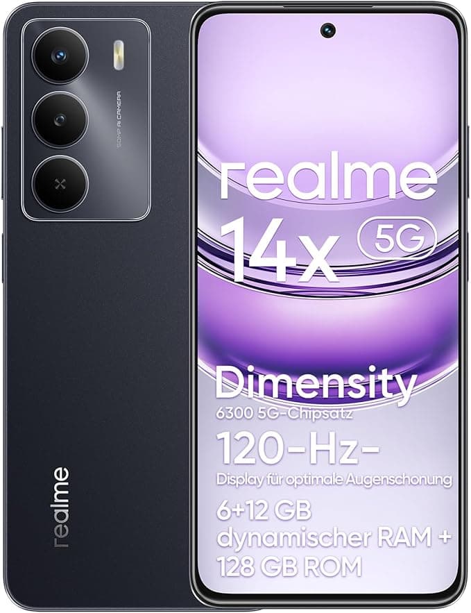 realme 14x 5G-Smartphone, 16 GB Dynamic RAM, 128 GB ROM, augenschonendes 120-Hz-Display, 50-MP-Kamera, 5000-mAh-Akku, Stoßfestigkeit in Militärqualität, Octa-Core, Schwarz (ohne Adapter)