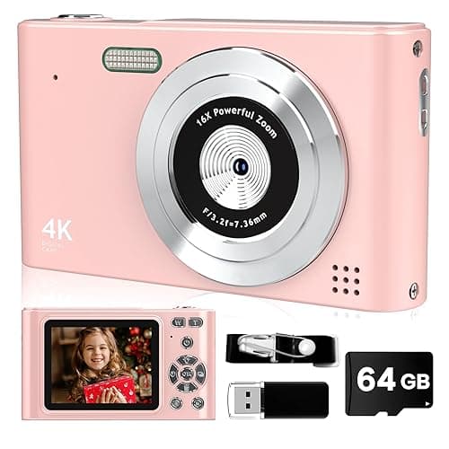 Digitalkamera, FHD 1080P Kamera mit 64GB Karte, 44MP Digitalkamera mit 16X Anti-Shake-Zoom, Tragbare Kleine Kamera für Geschenk für Jungen Mädchen Teenager Rosa