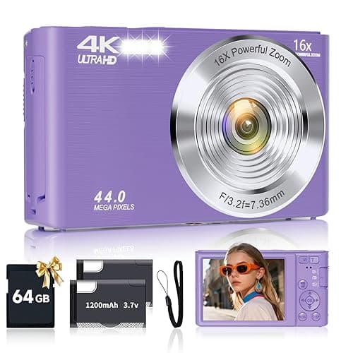 Digitalkamera für Teenager, FHD 4K 44MP Digitalkamera Lila mit 64GB SD-Karte 16X Digitalzoom, Kameras für Fotografie, kompakte Point-and-Shoot-Kamera für Teenager, Jungen, Mädchen, Kinderkamera,