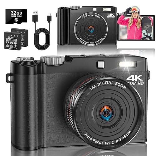 Digitalkamera 4K 64MP Autofokus Fotoapparat mit 32GB Karte 18X Digitalzoom Kompakte Kamera mit 2,8'' 180° Klappbildschirm & 2 Batterien Fotokamera für Teenager, Anfänger und Erwachsene