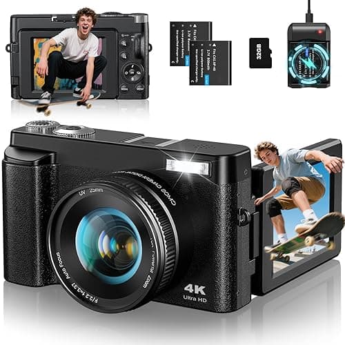 CAMKORY 4K Digitalkamera 48MP Kompaktkamera Fotokamera Autofokus mit 180° Flip-Bildschirm,16X Digital Zoom Kompaktkamera Fotoapparat mit 32GB Karte,2 Batterien für Anfänger