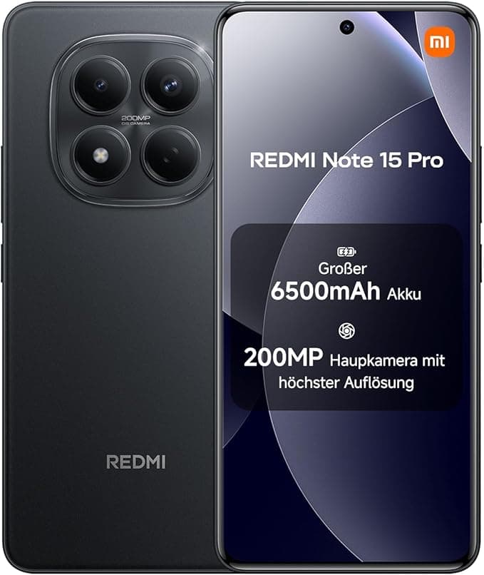 XIAOMI Redmi Note 15 Pro Smartphone (8+256 GB) – 6500-mAh-Akku, 200-MP-Kamera, IP65-Wasserschutz, 6,77" FHD+ AMOLED-Display, Schwarz, 2 Jahre Garantie