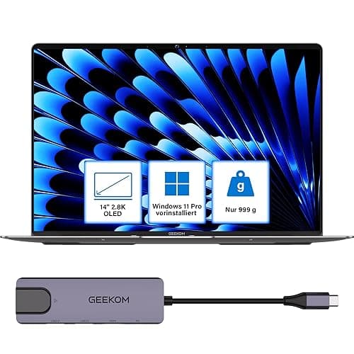 GEEKOM GeekBook X14 Pro Laptop, 999 g Ultraleicht, 14" 2.8K OLED, Ultra 9-185H, 32GB LPDDR5x RAM 7500MT/s, 2TB SSD, 2X USB4, Fingerprint & Webcam-Schieber, bis zu 16 h Akku, Copilot+, Windows 11 Pro