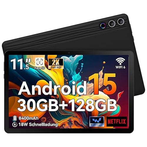 Tablet 11,5 Zoll Android 15, 30GB RAM 1TB TF, 2K Android Tablet 2000 * 1200 FHD, 8400mAh, Widevine L1, 13MP Kamera, WiFi 6&BT 5.3, Face ID Tablet PC für Arbeit/Studium - Schwarz