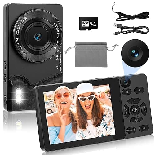4K 64MP Digitalkamera mit Dual-Kameras Vorne und Hinten, Autofokus Kamera Fotokamera Kompakte Vlogging Kamera 2,8 Zoll Bildschirm, 18X Digitalzoom, 32G Karte für Kinder, Jugendliche (Schwarz)