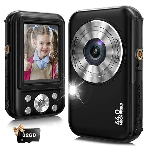 Digitalkamera, Fotokamera Kompaktkamera mit 32GB Karte, FHD 1080P 44MP mit 16-fachem Digitalzoom, Fotoapparat Tragbare Minikamera für Jugendliche, Kinder, Studenten(schwarz)