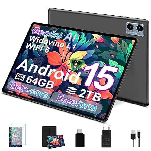 Tablet Android 15 mit 64GB RAM+2TB TF,10,1-Zoll-Bildschirm,Octa-Core,Gemin AI,WiFi 6, Bluetooth 5.0, Dual Camera 8MP+5MP, 1280 * 800 HFD, Cast, OTG, Type C, mit Hülle,Play Store-Schwarz