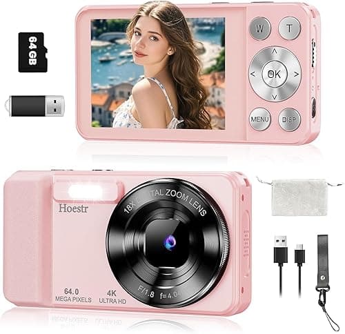 Digitalkamera 4K 64MP, Hoestr Fotokamera 64GB, Digital Kamera mit 2,8" Bildschirm, Autofokus Kompaktkamera, 18X Digitalzoom, 2000mAh Tragbare Digitalkamera Vlogging für Anfänger Teenager Kinder Rosa