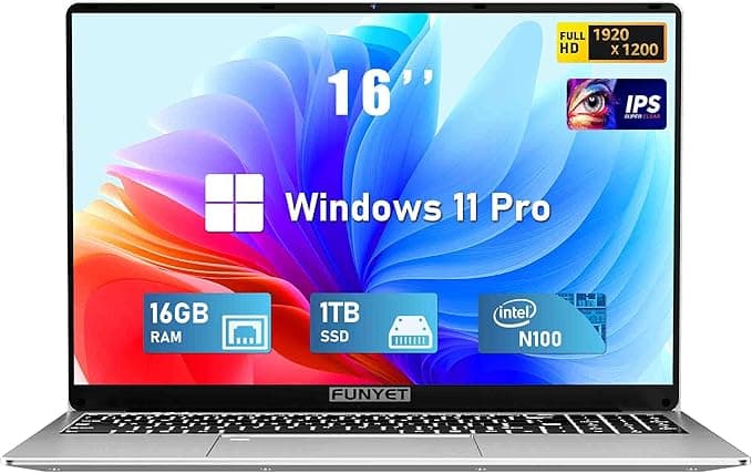 40,6 cm (16 Zoll) Laptop | Gaming-Laptop | 16 GB RAM 1 TB SSD | N100 Prozessor der 12. Generation | FHD 1920 x 1200 Display | 180 Grad Winkelöffnung | Tastatur mit Hintergrundbeleuchtung |